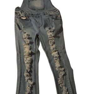 Trendy Distressed Blue Denim Overalls